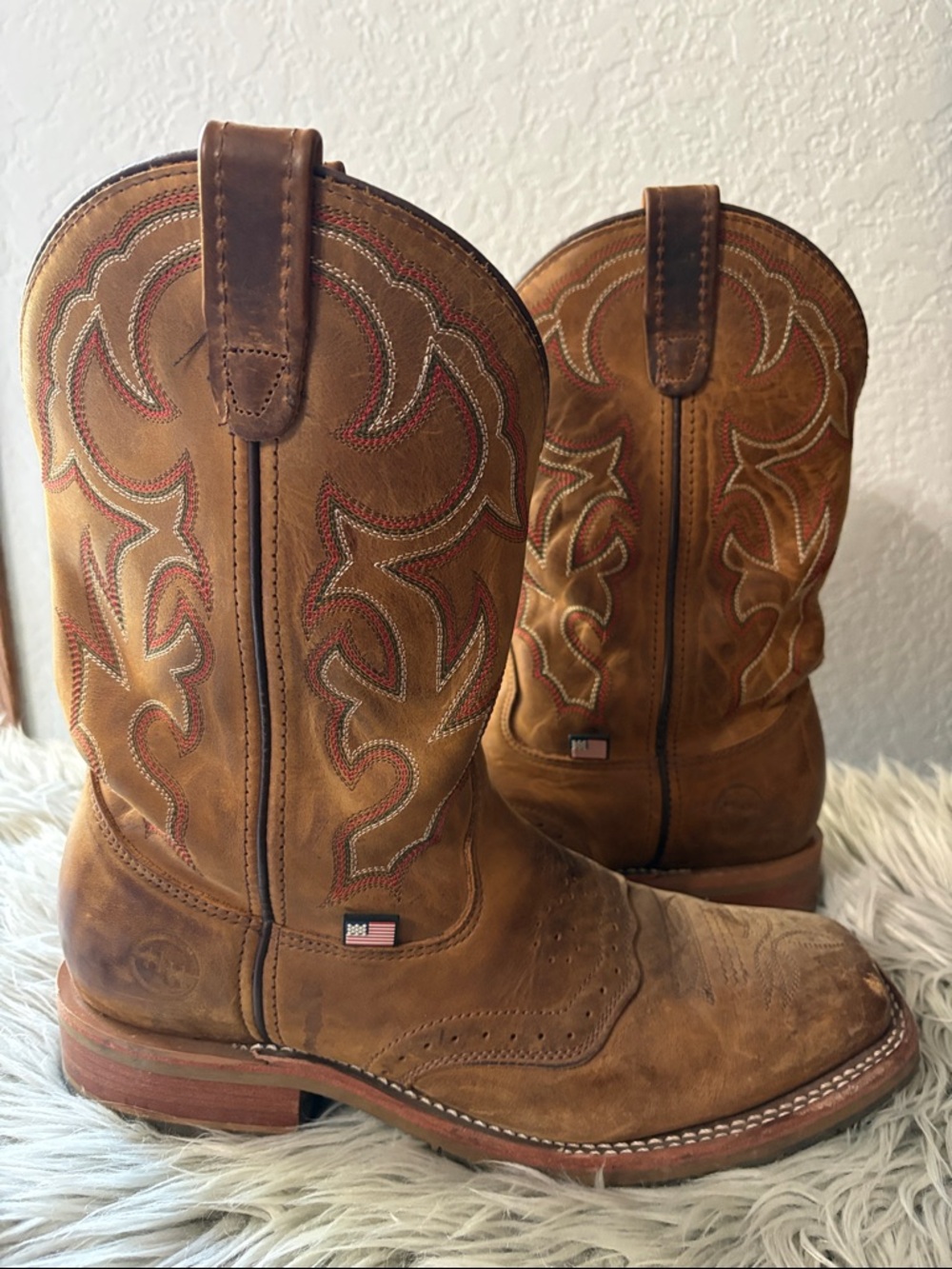 Double H Tan & Brown Leather Cowboy Boots with Red Stitching - Picture 5 of 8